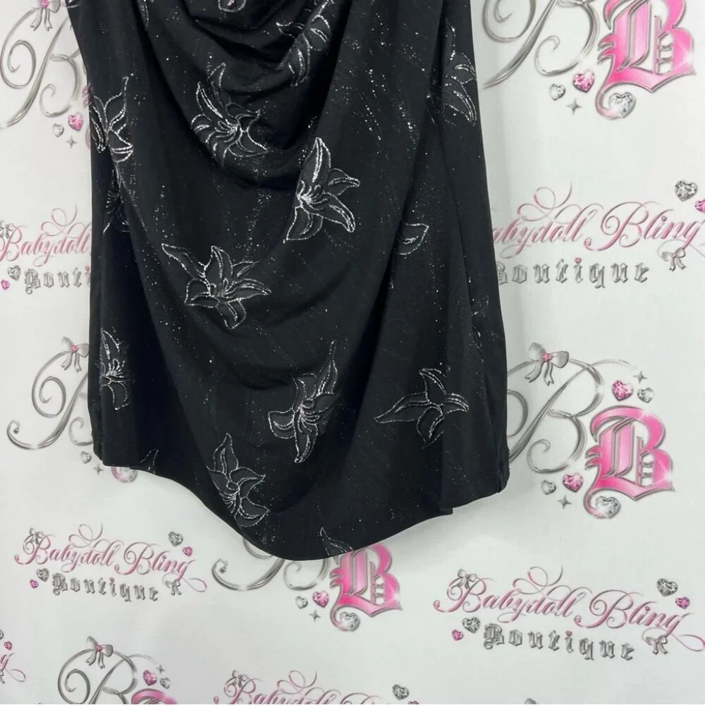 Reitmans tank top sparkly glitter flowers y2k scoop neck Black Floral Tank Top